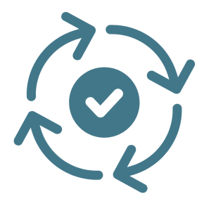 Circular arrows with a checkmark representing brand consistency, continuous improvement, and long-term customer trust.