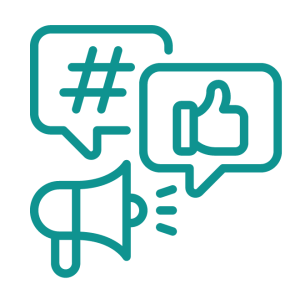 Marketing icon with a hashtag, megaphone, and thumbs-up representing brand recognition, audience engagement, and customer trust.