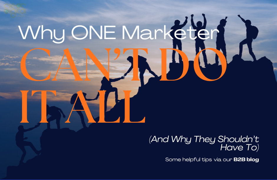 Illustration of people helping each other climb a mountain, representing collaborative marketing support and the value of building a team instead of relying on one marketer.